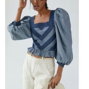 NEW WITH TAGS Anthropology Blue Smocked Puff-sleeve Cropped Denim Blouse